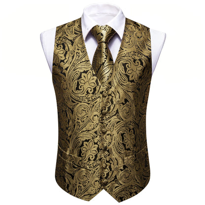 Men's Vest 4-Piece Set | Jacquard Paisley Floral Waistcoat with Tie & Pocket Square for Formal Events