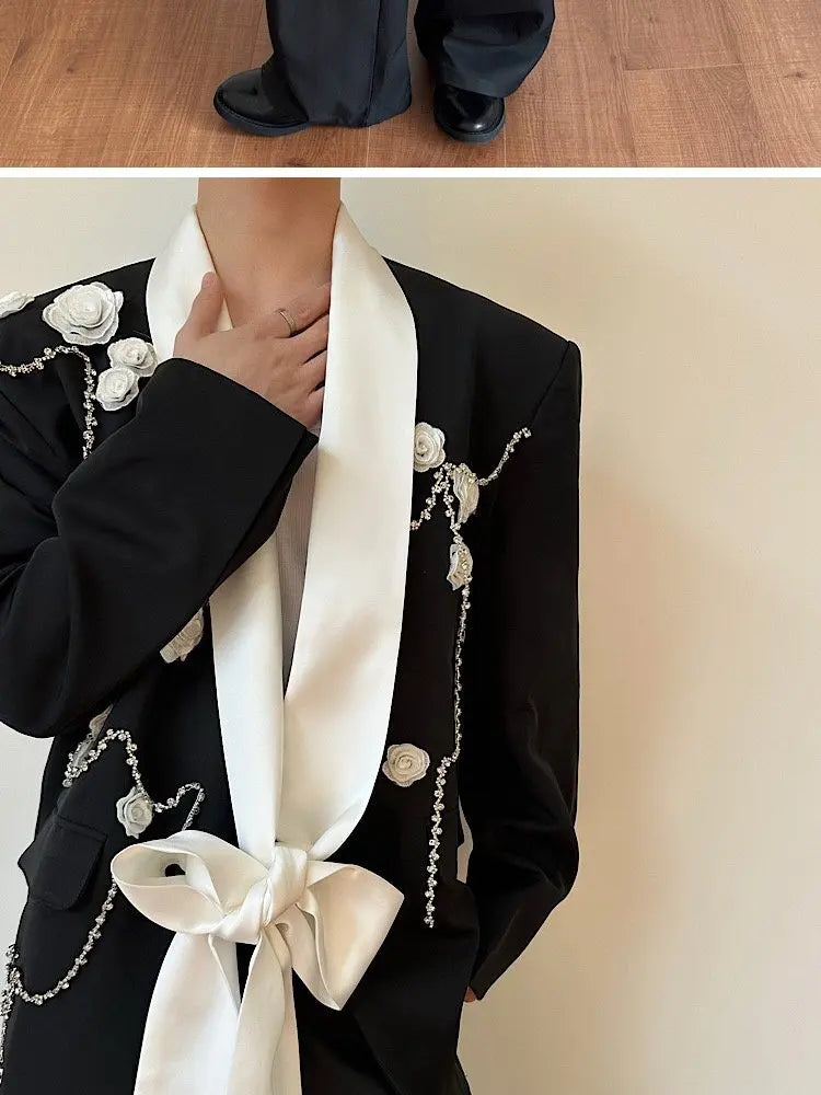 2026 Spring New Fashion Elegant Temperament Ribbon Decorate Blazer Coat Men's Handsome Luxury Casual Male Clothes JY5386