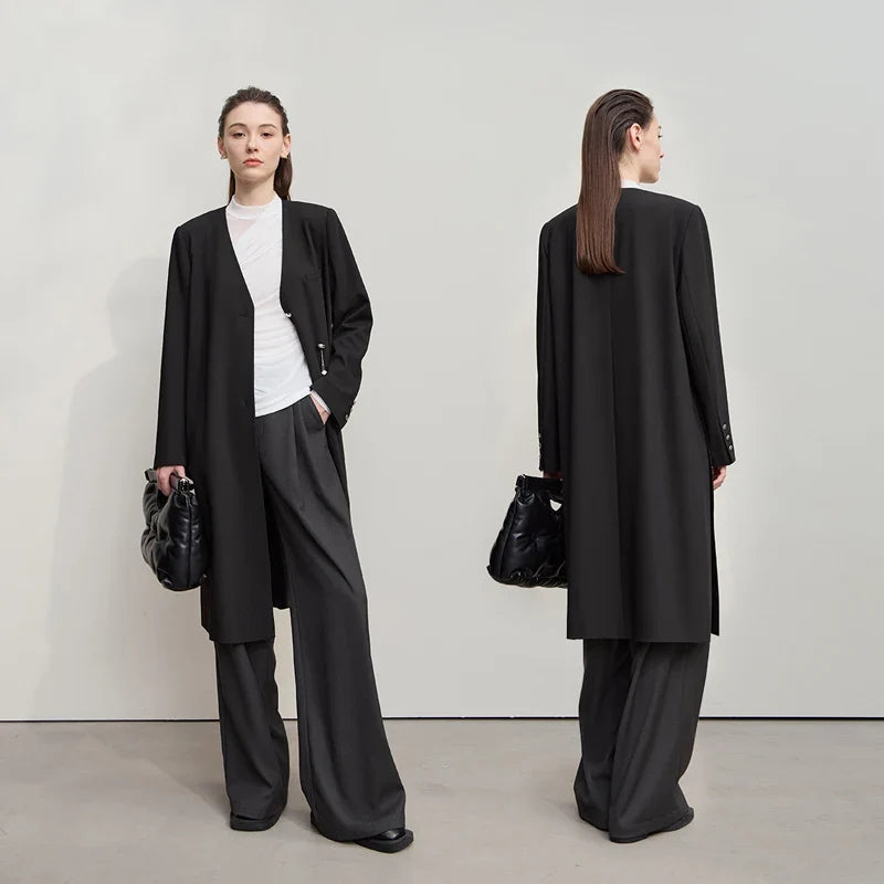Long Women's Jacket 2025 Autumn New V-neck Metal Chain Blazer Women Long Sleeves Elegance Versatile Blazer Ladies 12553052