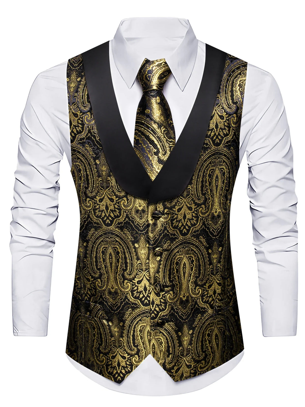Men's Formal Vest Single Breasted Jacquard Shawl Collar Waistcoat Dark Gold Floral Wedding