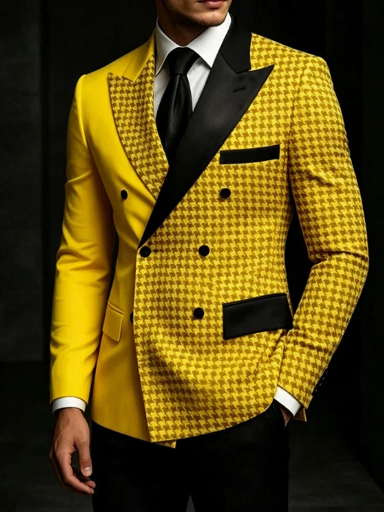 Men's Yellow Houndstooth Double Breasted Blazer Lapel Slim High Quality Formal Wedding Business Party Gentlemen Tuxedo Jacket