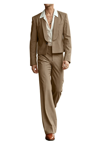 Men's 2-Piece Suit Set – Cropped Blazer & High Waist Flare Pants | Shawl Lapel Tuxedo for Formal & Party Occasions