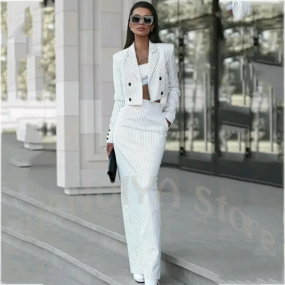 White Striped Women's Suit Elegant Double Breasted Peak Lapel Cropped Jacket Skirt Back Slit Fashion Street Business Casual Set