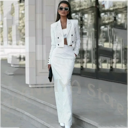White Striped Women's Suit Elegant Double Breasted Peak Lapel Cropped Jacket Skirt Back Slit Fashion Street Business Casual Set
