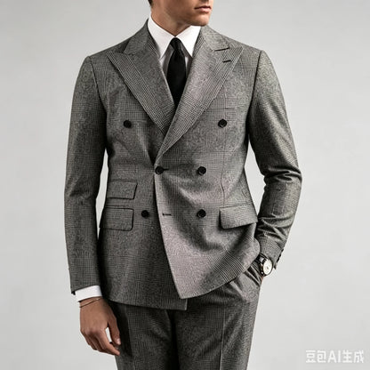 British Style Patterned Men's Suit 2 Piece (Jacket+Pants) Double Breasted Regular Fit Peak Lapel Business Wedding Banquet Suits