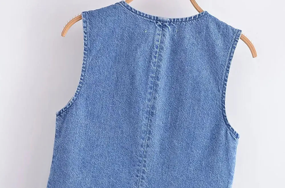 Women Fashion Front Button Denim Waistcoat Vintage V Neck Sleeveless Female Outerwear Chic Vest Tops