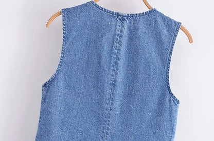 Women Fashion Front Button Denim Waistcoat Vintage V Neck Sleeveless Female Outerwear Chic Vest Tops