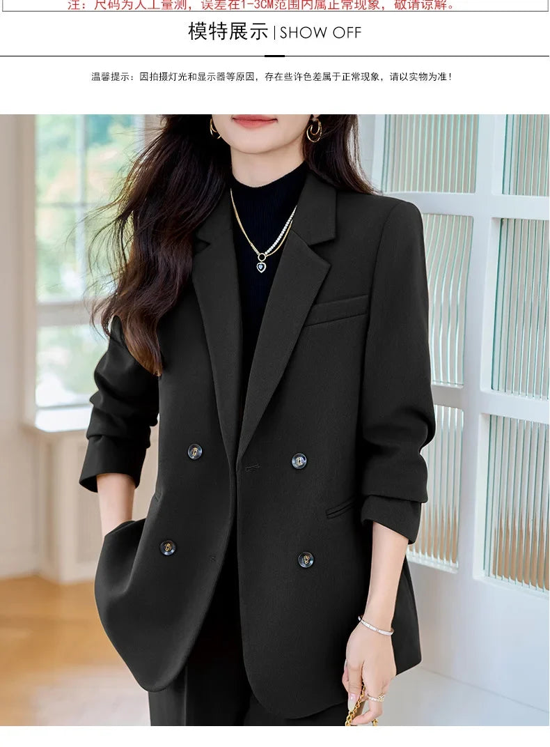 Autumn Winter 2024 New Apricot Coffee Black Elegant Double Breasted Blazer Top And Women High Waist Wide Leg Pant Two Piece Set
