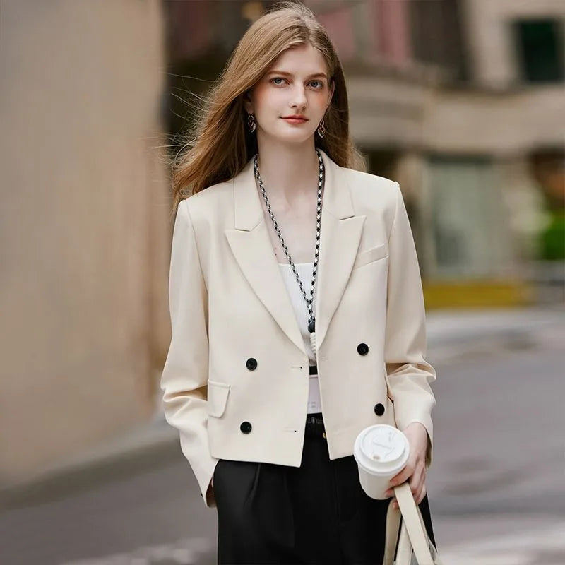 Premium Solid Color Women's Petite Double Breasted Short Blazer 2025 Fall New Arrival High Quality Fashion Office Wear Youthful