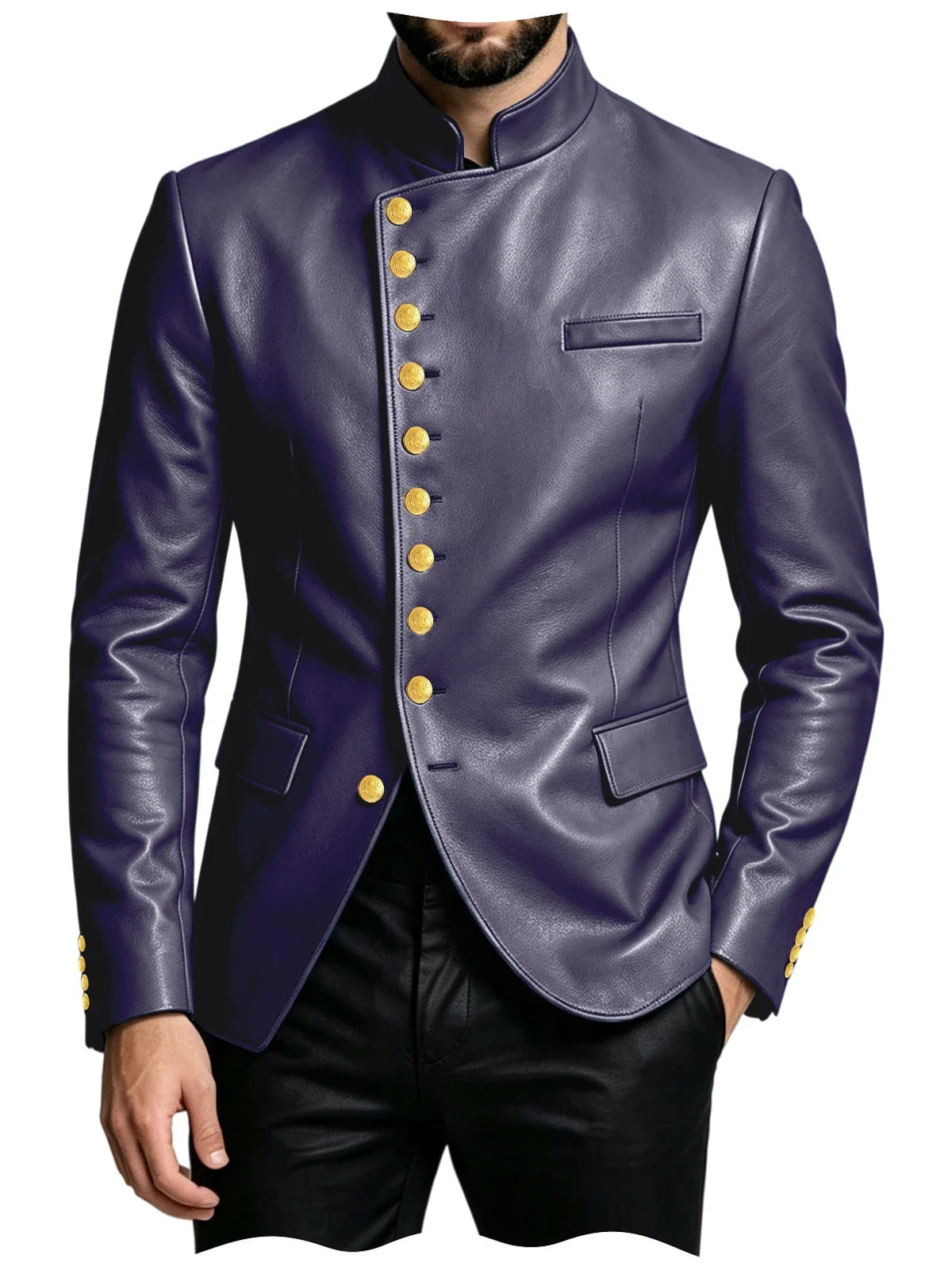 Luxury PU Men's Suit Blazer Single Breasted Stand Collar Slim Fit Leather Jacket Vintage High Quality Business Party Male Tuxedo