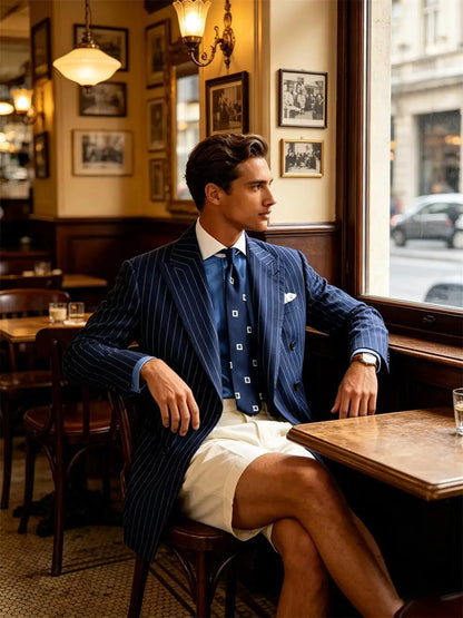 Navy Blue Striped Pattern Business Suit Jacket Double Breasted Slim Fit Blazer Casual Formal Attire Office Groom's Wedding Dress