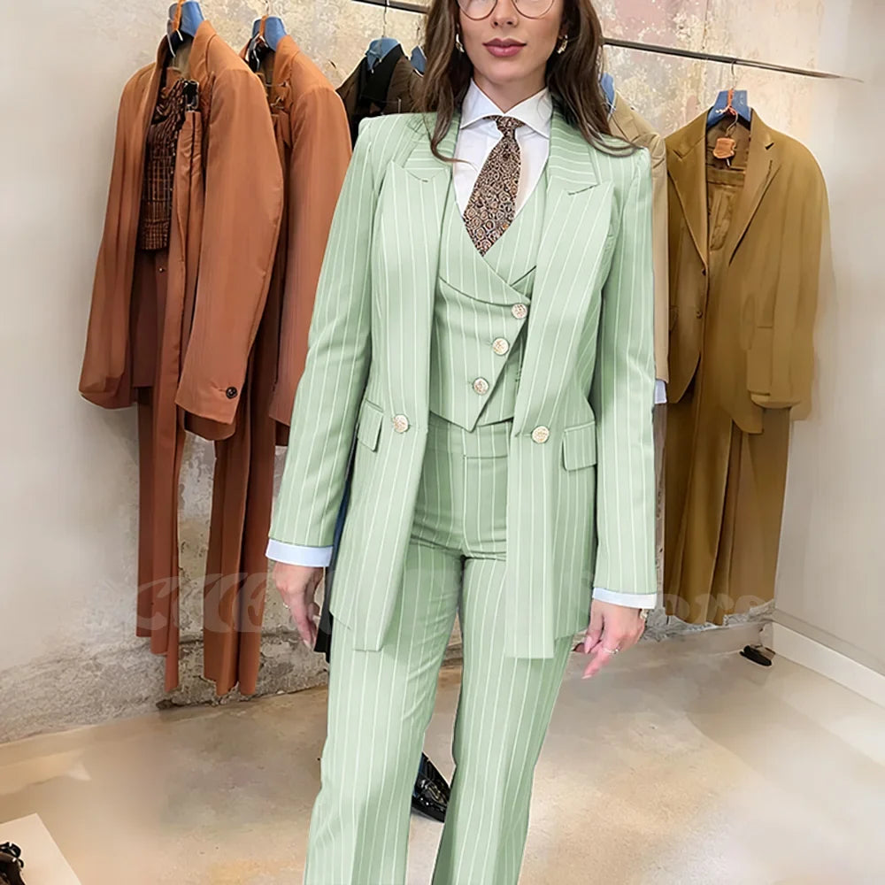 Navy Blue Striped Suit For Women Stylish Single Button Peak Lapel Elegant Outfit Business Meeting Office Formal Set Three Pieces
