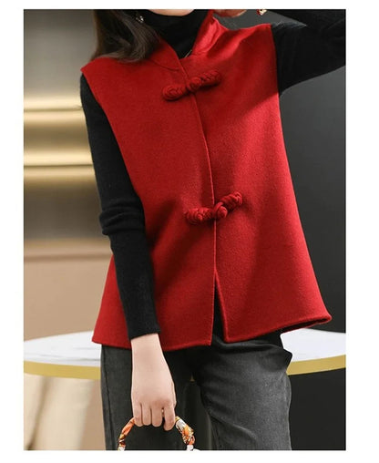 Woolen Vest Women's Standing Neck Button Chinese Style Loose Versatile Thin Wool Vest Outerwear Coat Sleeveless Jacket For Women