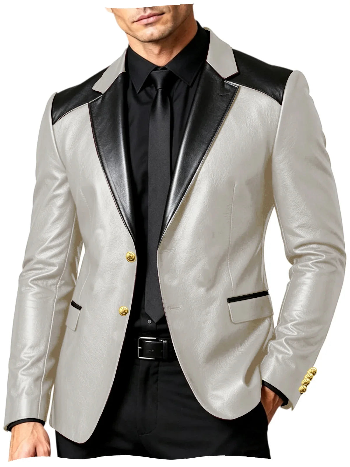 PU Leather Men's Suit Blazer Patchwork Style Wedding Groom Tuxedo Formal Office Prom Jacket High Quality Business Casual Coat