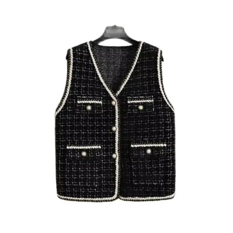 Women's Contrast Knitted Vest New Autumn Short Sleeveless Jacket V-neck Single Breasted Waistcoat Female Coats Chaleco Mujer