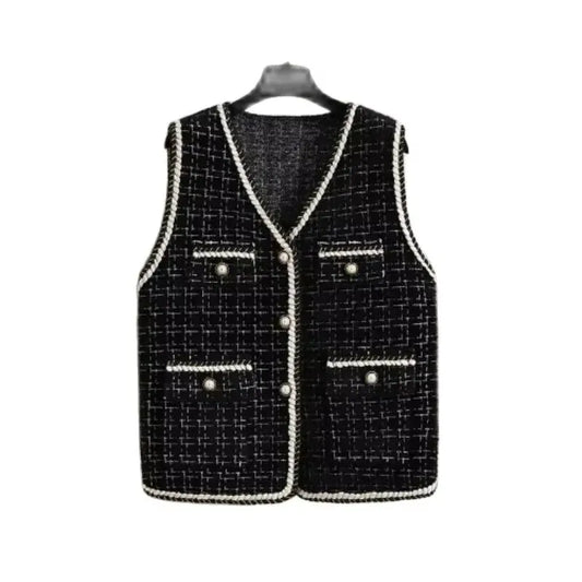 Women's Contrast Knitted Vest New Autumn Short Sleeveless Jacket V-neck Single Breasted Waistcoat Female Coats Chaleco Mujer