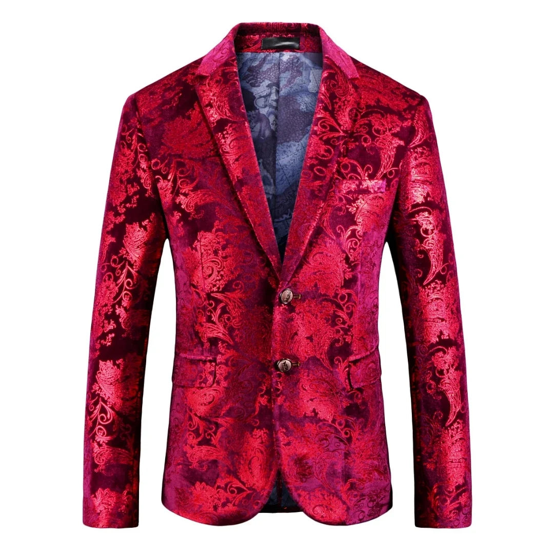Men's Suit Jacket Black Gold Floral Applique Single Button for Wedding Party Performance