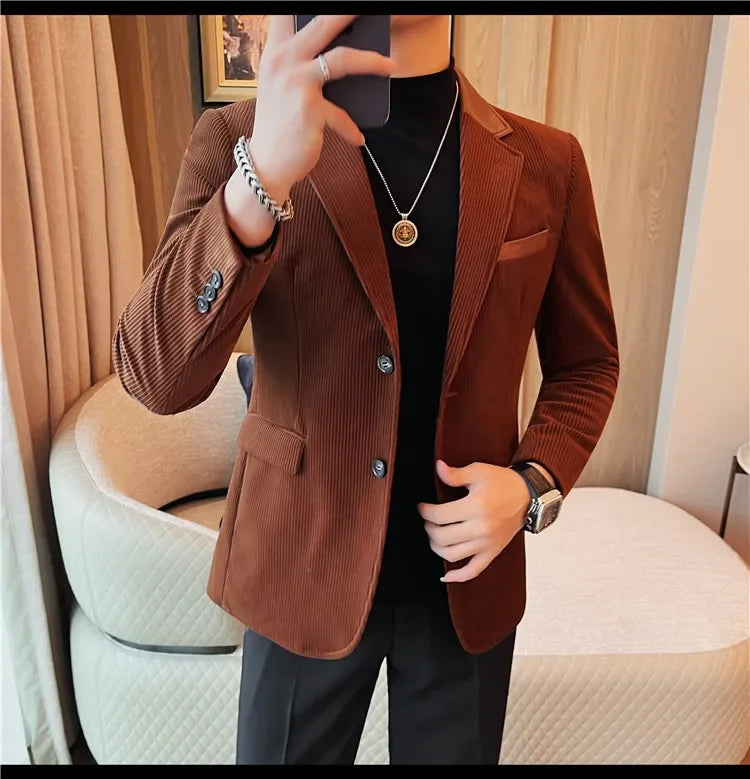 Autumn Winter Corduroy Suit Coat For Men Korean Elegant Slim Fit Business Formal Dress Coats Groom Wedding Tuxedo Suit Jacket