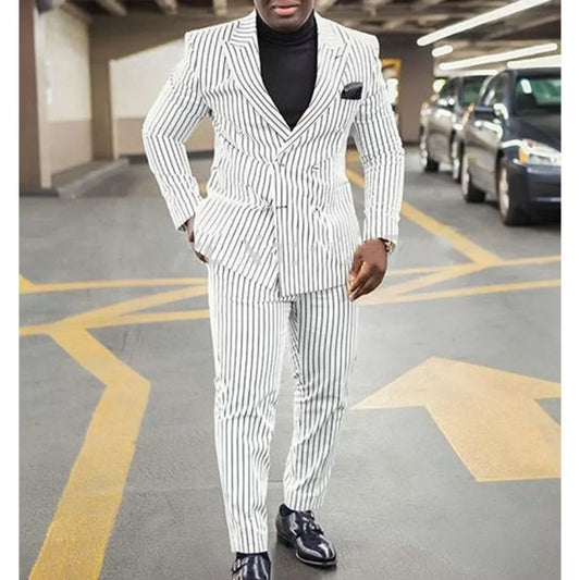 Smoking Jacket Pants Peaked Lapel Double Breasted Striped Business Formal Men Suits Wedding Suits For Brides Groom Tuxedo