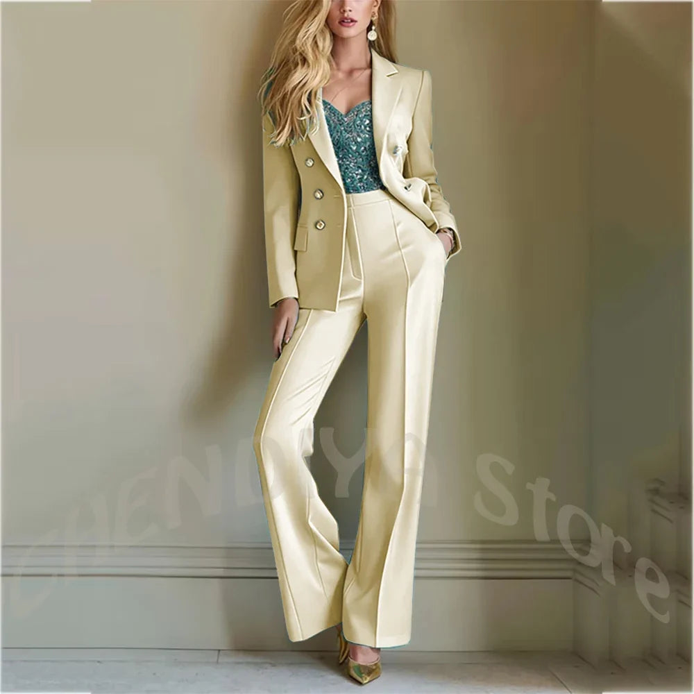 Solid Color Suit For Women High Quality Double Breasted Two Piece Notch Lapel Slim Fit Elegant Fashion Female Outfit Jacket Pant
