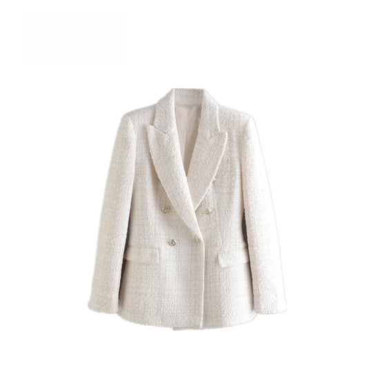 Spring Fashion Texture Double Buttoned Small Fragrance Style Suit Jacket Women's Polyester Long Sleeve Regular Length Coat