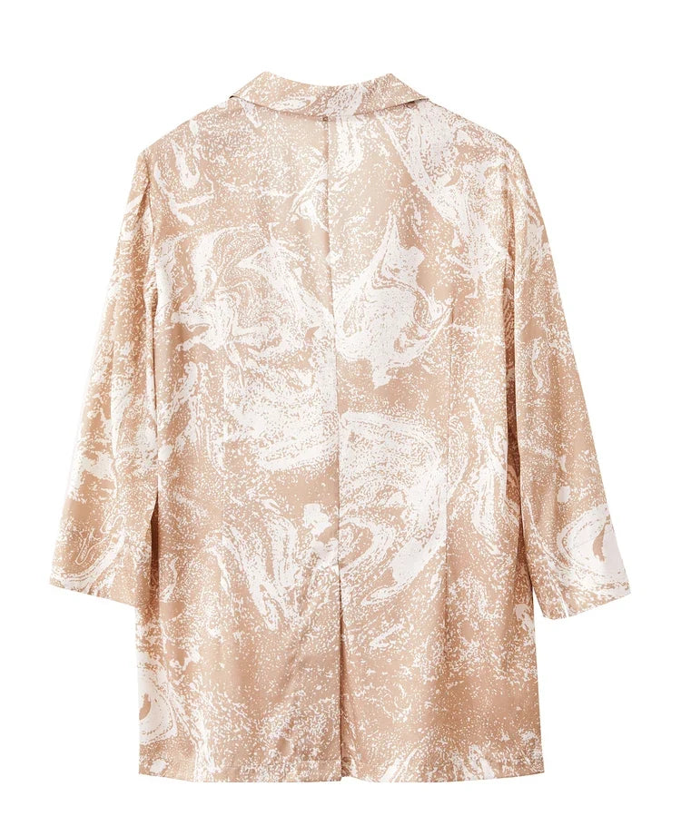 Minimalism Silk Blazers 2026 Summer Notched Printed Basic Fashion Jacket Three Quarter Women Office Lady Blouse 12452146
