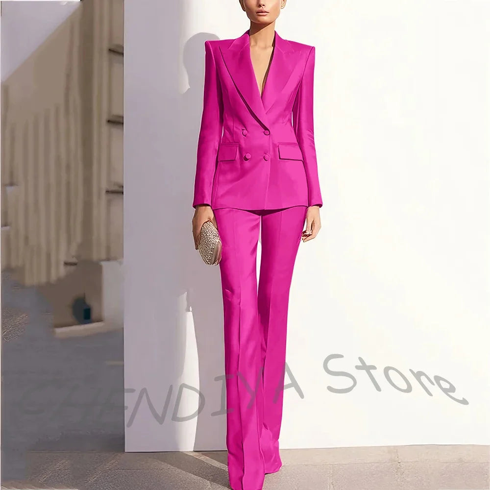 Luxury Satin Women Pants Suit Tailored Business Attire Dusty Rose 2 Piece Peak Lapel Straight Formal Outfit Daily Office Set