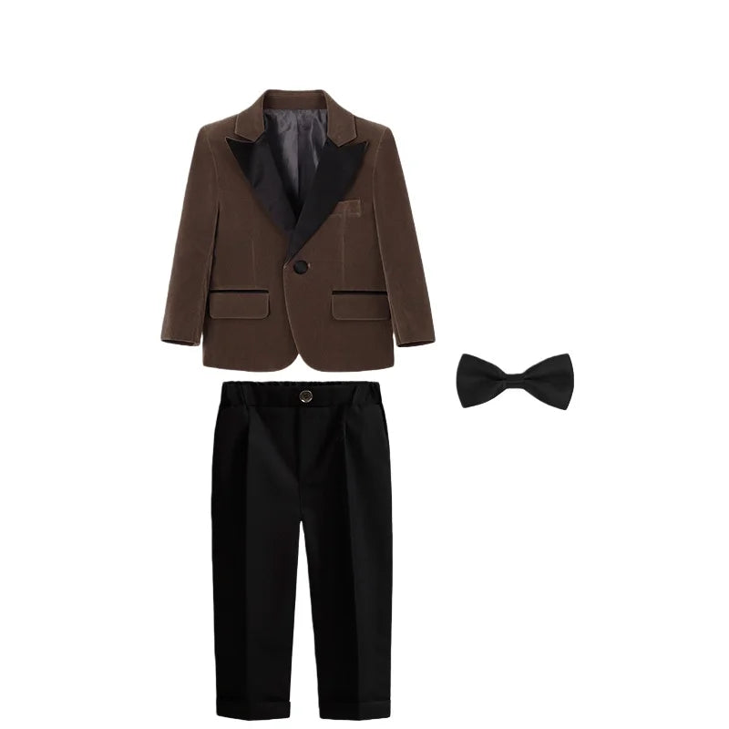 Boys Formal Wedding Birthday Party Wear Kids Piano Host Speech Performance Costume Children's Blazer Pants Bowtie