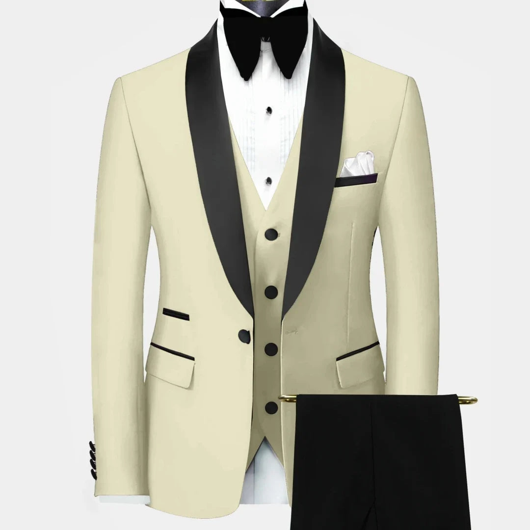 Men Suit 3 Pieces Beige With Black Lapel Slim For Wedding Groom Business Party Prom Banquet Work Office Jacket Vest And Pants