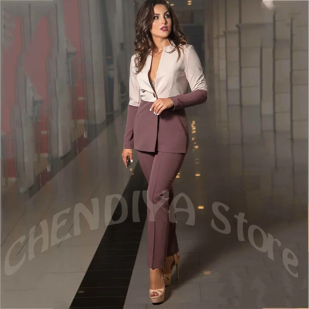 Contrast Color Women Pant Suits Slim Fit V Neck Blazer Trousers Set 2 Pieces Formal Suit for Office Business Work Wedding Guest