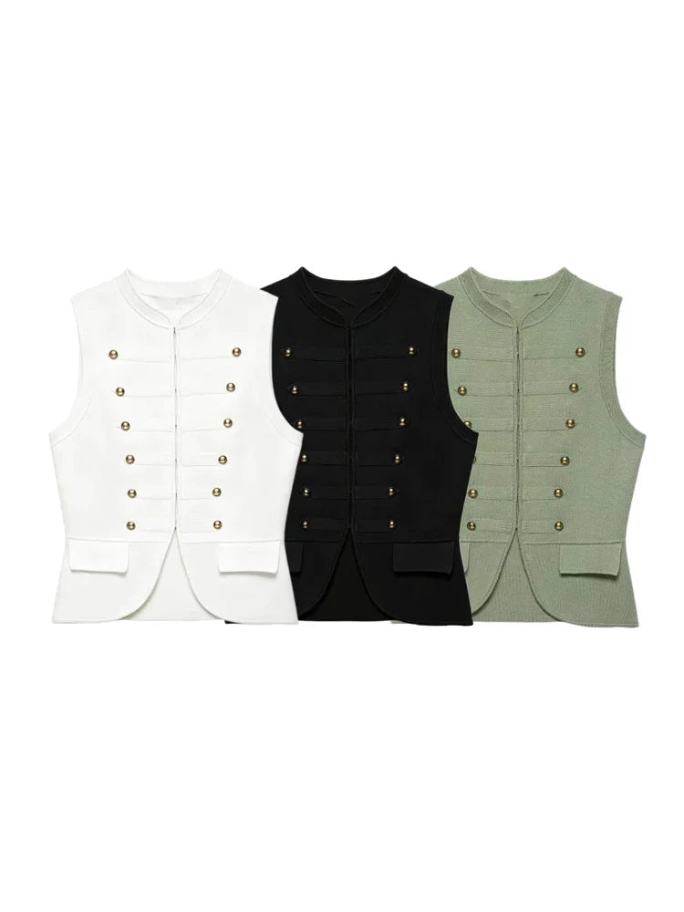 Women Elegant Solid Sleeveless Vest Double Breasted Decorative Slim Fit Short Chic Top 2026 Summer Casual Beach Vacation Top