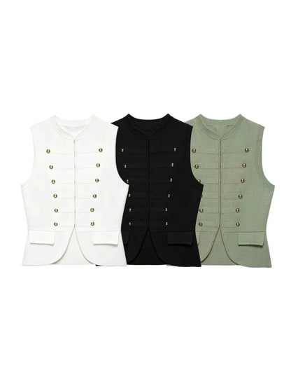 Women Elegant Solid Sleeveless Vest Double Breasted Decorative Slim Fit Short Chic Top 2026 Summer Casual Beach Vacation Top