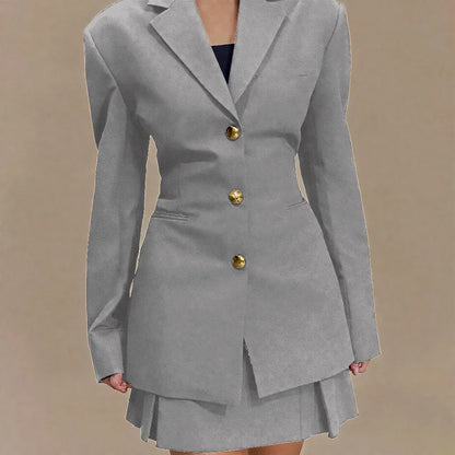 Women's Pleated Skirt Suit Set 2025 2Pieces(Tailored Blazer&High Waist Skirt) Office Chic Single-breasted Notch Lapel Outfit