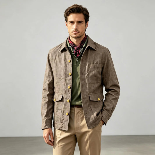 Men Linen Blend Overshirt Jacket Multi Pockets Turn‑down Collar Casual Daily Travel Business Casual Men Outerwear