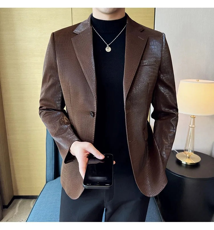 2026 Crocodile Patterned Leather Suit Jacket Men Slim Fit Business Casual Leather Jacket Wedding Groom Party Work Men Blazers