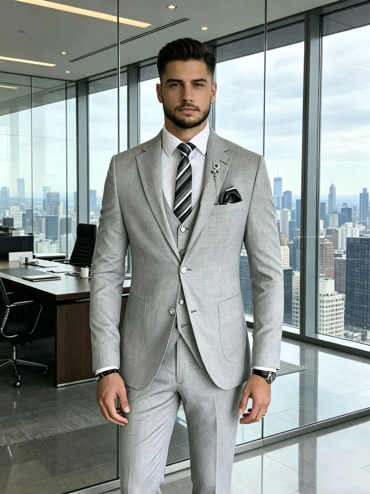 Light Gray 3-Piece Slim Fit Men's Wedding Suits Groom Tuxedo Formal Dress Suit with Blazer Pants Vest for Prom And Other Events