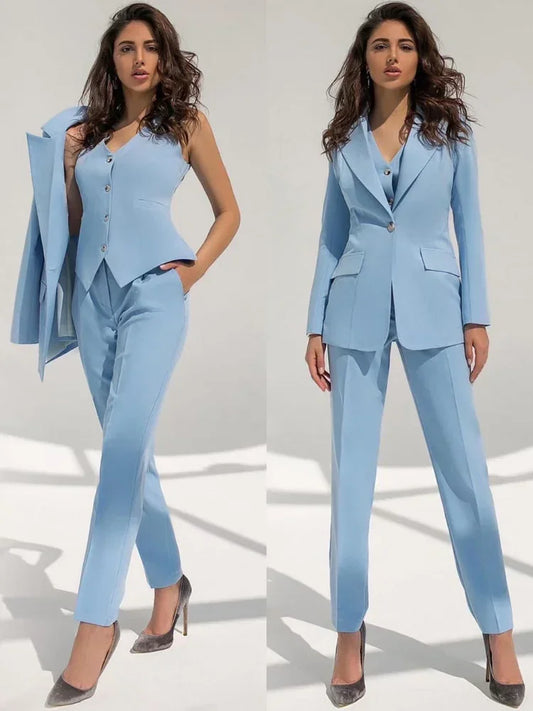 Women Suits 3 Piece Peak Lapel Long Sleeves Solid Outfits One Button Business Casual Office Pants Sets (Jacket+Vest+Pants)