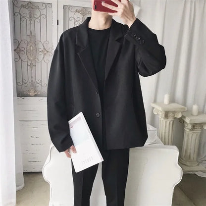 Men Spring Autumn Casual Blazer Set INS Korean Style Trendy Hong Kong Vibe Handsome Suit Jacket Outerwear