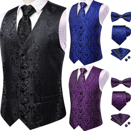Men's Formal Vest Set Double Breasted Vintage Pattern Wedding Waistcoat with Necktie Bow Tie and Accessories