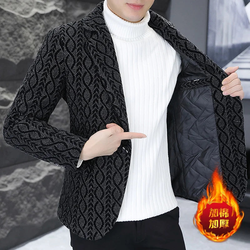 Blazer Autumn/Winter Golden Sable Velvet and Cotton Thickened Thermal Small Suit Fashion Business Men's Slim Blazer