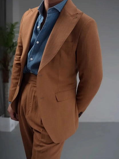 Vintage Business Men Work Suit Set High Quality Cotton Linen Blazer Jacket Pants Two Piece Set Slim Fit Groom Wedding Dress Suit