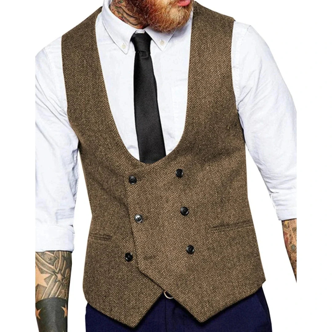 Men's Vest Herringbone Double Button Waistcoat for Weddings & Formal Occasions – Army Green
