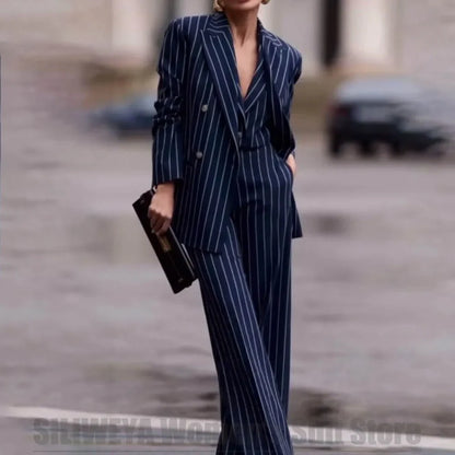 Navy Women's Striped 3 Piece Suit Double Breasted Blazer Vest Wide-Leg Pants Set Fashion Formal Party Office Casual Outfit