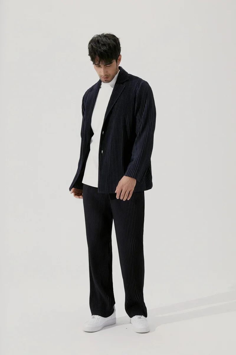 Men's Miyake Pleated Style Blazer Jacket Japanese Casual Stretch Slim Fit Business Office Fashion Luxury Wrinkle Resistant Coat