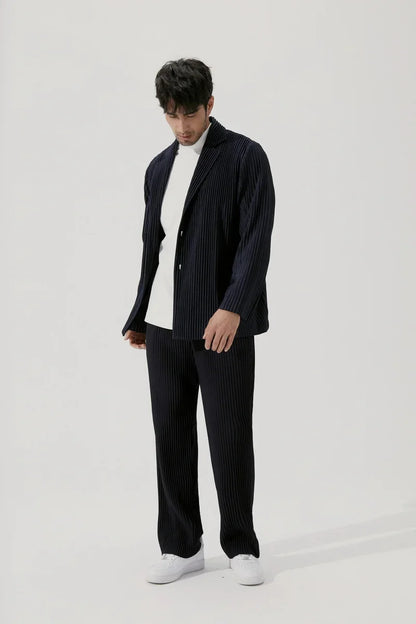 Men's Miyake Pleated Style Blazer Jacket Japanese Casual Stretch Slim Fit Business Office Fashion Luxury Wrinkle Resistant Coat