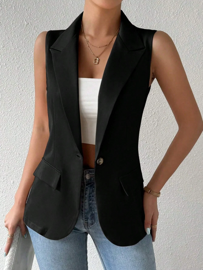 Women's Chic Sleeveless Blazer Vest - Casual Office Work Waistcoat Elegant Lapel Collar Sleeveless Blazer