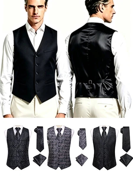 Men's Jacquard Vest 3-Piece Set – Satin Waistcoat with Tie & Pocket Square for Wedding & Formal Occasions