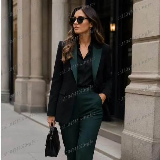 Dark Green And Black Formal Business Women Suit Wedding Party Prom Ladies Mother Girl Tuxedos Costume 2 Piece Set Jacket Pants