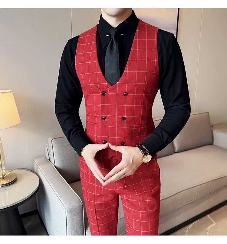 Men's 3-Piece Slim Fit Plaid Suit – Jacket, Vest & Pants for Weddings, Office & Formal Occasions