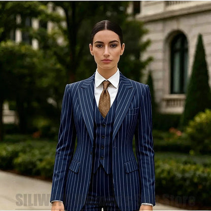 White Striped Women Suit 3 Piece Chic Peak Lapel One Button Blazer Vest Pants Formal Office Business Wedding Party Wear